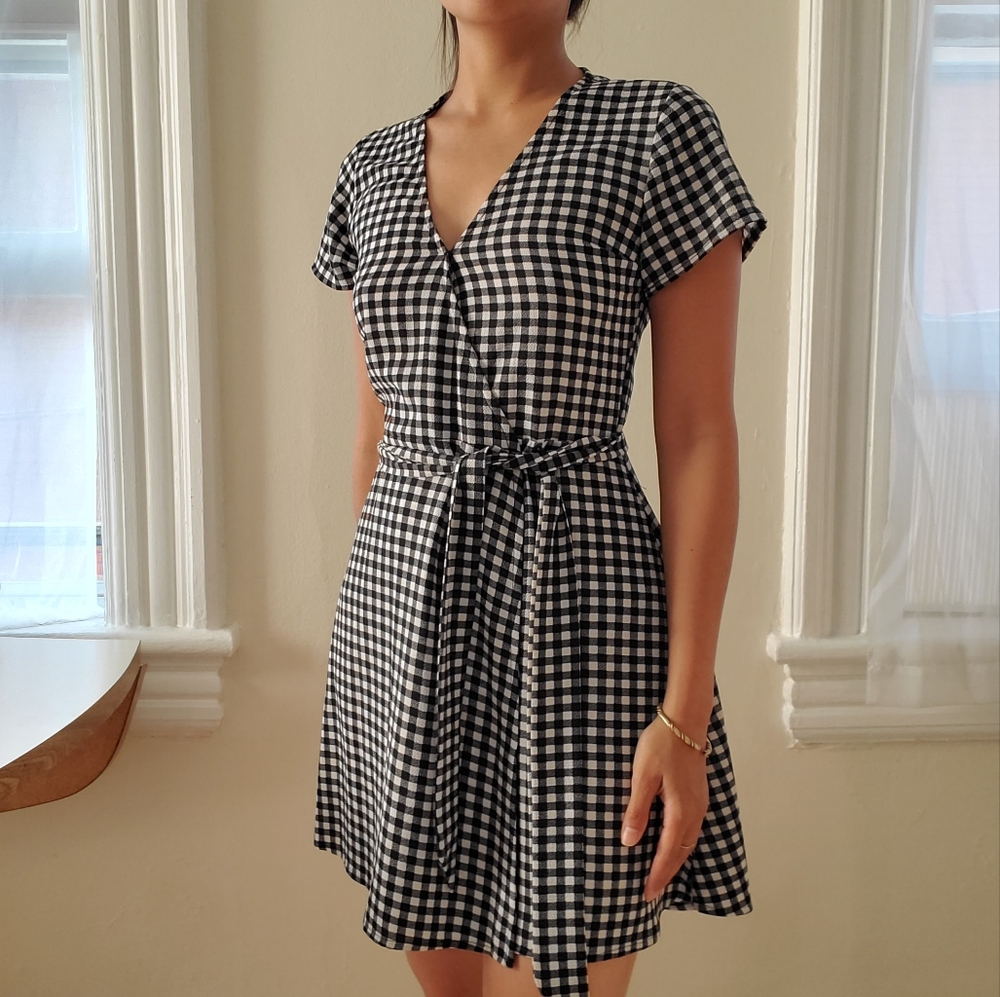 Black and White Checkered Wrap A-line Dress